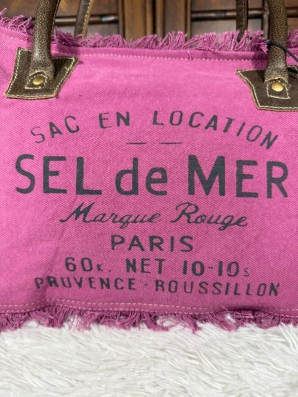 Myra SEL De MER Paris 100% Cotton Canvas Genuine Leather Handle Fringe Trim Bag - Picture 2 of 11